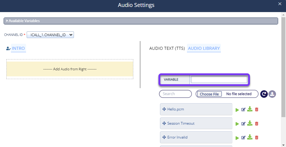 A sample Audio Settings pop-up with the Audio Library option selected and the Variable field highlighted